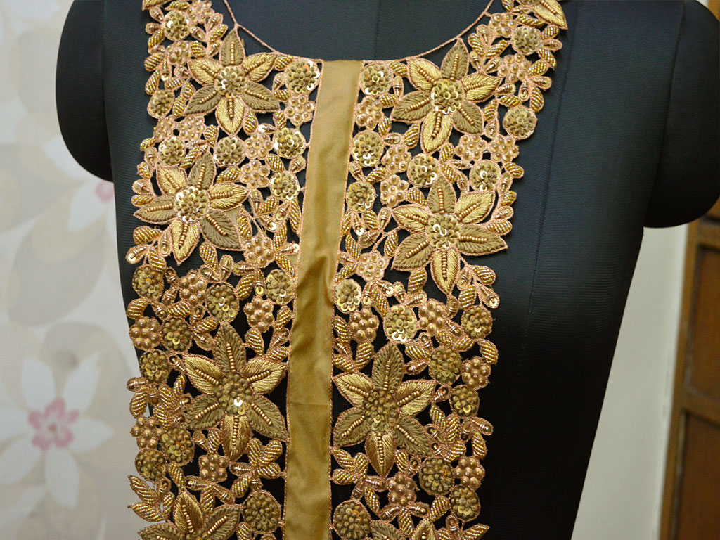 Handcrafted Zardosi Gold Neck Patches Crafting Neckline Indian Decorated Sequins Zari Work Embroidered Decorative Patches Sewing Accessories