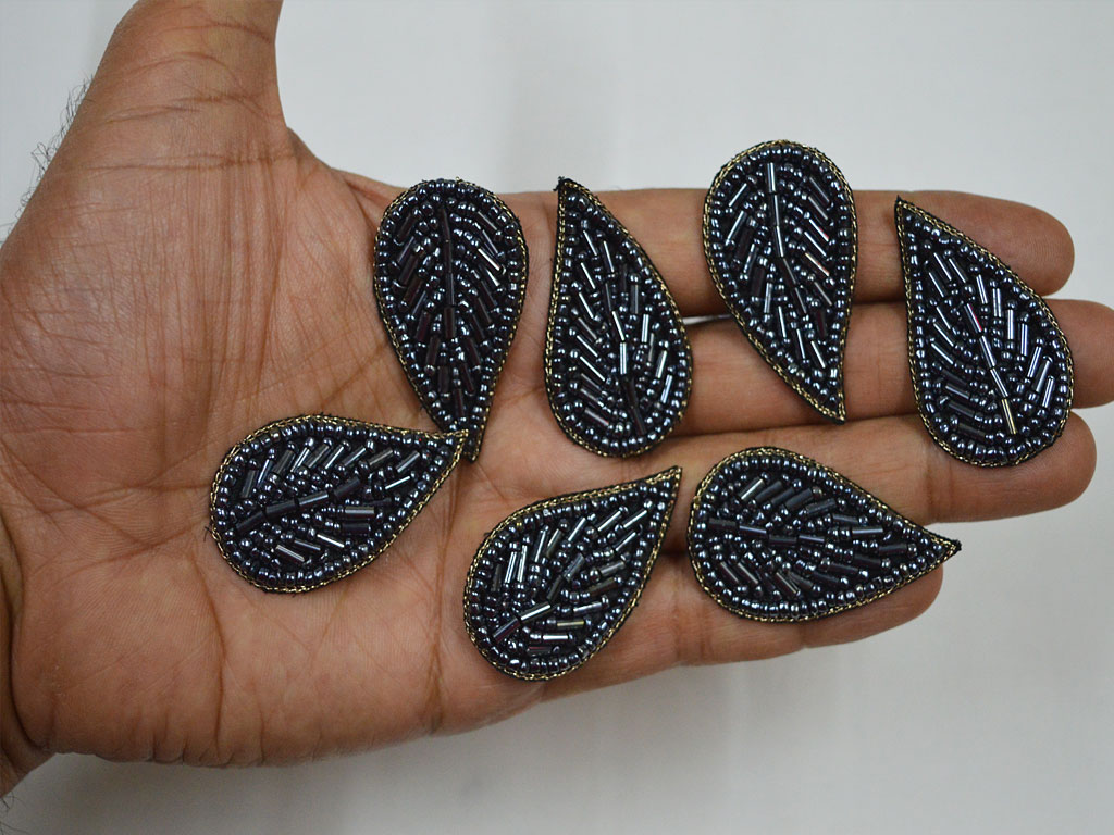 15 Gray Indian Beaded Patch Embroidery Sew on Patch Decorative Denim Patches Leaf Applique Embroidery Handcrafted Appliques Crafting Sewing