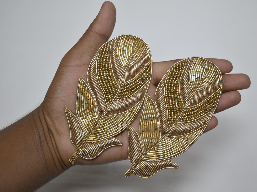 2 Piece Gold Handmade Feather Patches for Cushion Covers Hat Embroidered Indian Sewing Dresses Handcrafted Beaded Patches Appliques Crafting