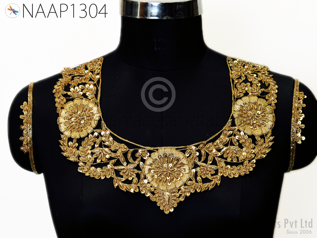 Handmade Neckline Patches Zardozi Gold Neck Patches with sleeves Patch Decorative Neck Handcrafted Crafting Indian Zardozi Neck for Dresses