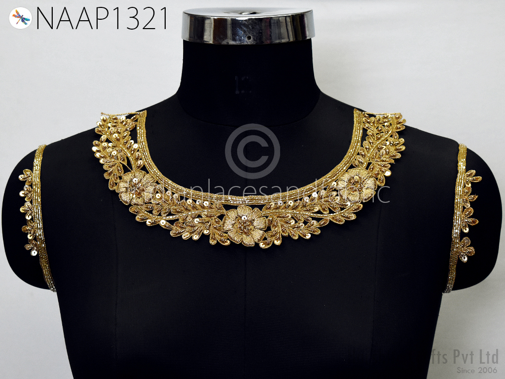 Neckline Patches Zardosi Gold Handmade Neck Patches with sleeves Decorative Neck Handcrafted Crafting Indian Zardosi Neck for Dresses