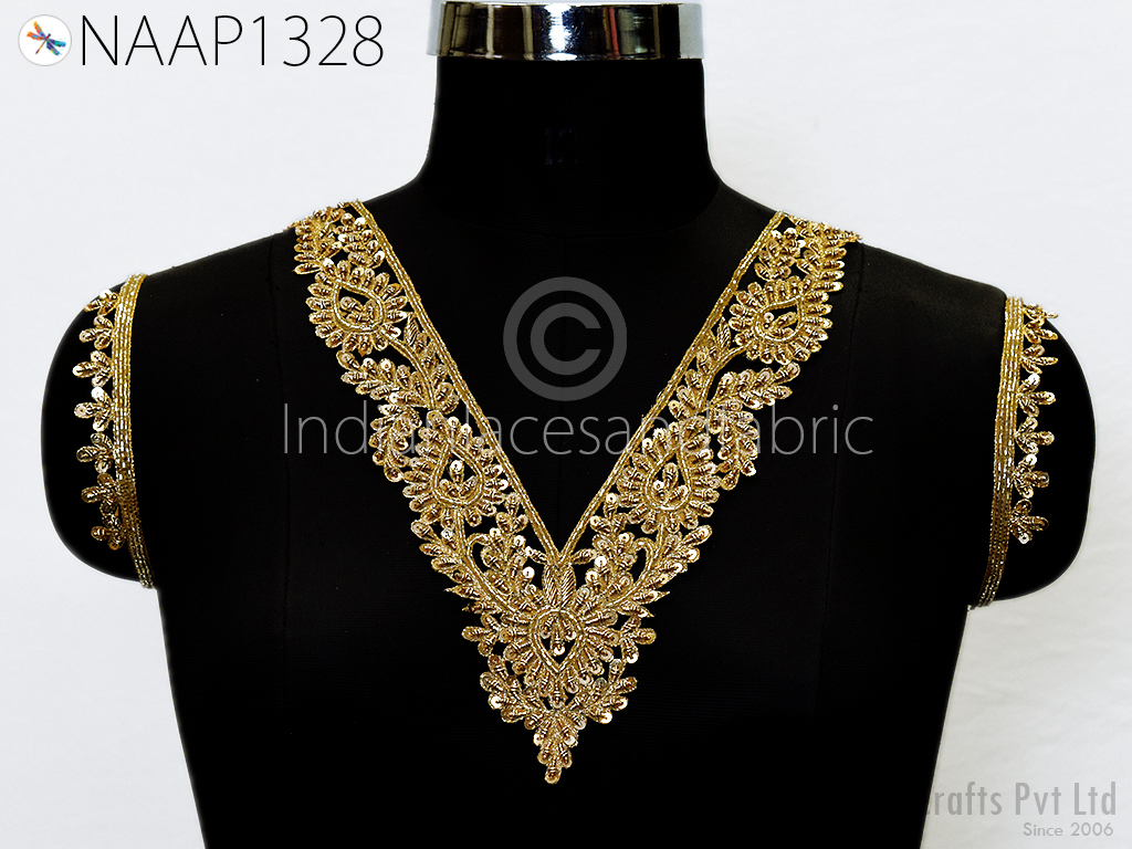 Neckline Patches Zardosi Gold Handmade Neck Patches with sleeves Patch Decorative Neck Handcrafted Crafting Indian Zardozi Neck for Dresses.