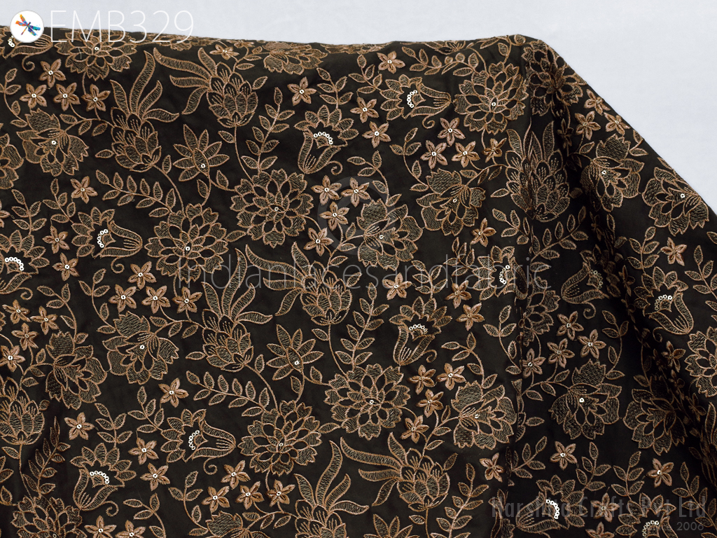 Dark Brown Indian Embroidered by the yard Fabric Sewing DIY Crafting Embroidery Wedding Dresses Fabric Costumes Dolls Bags Cushion Covers Table Runners
