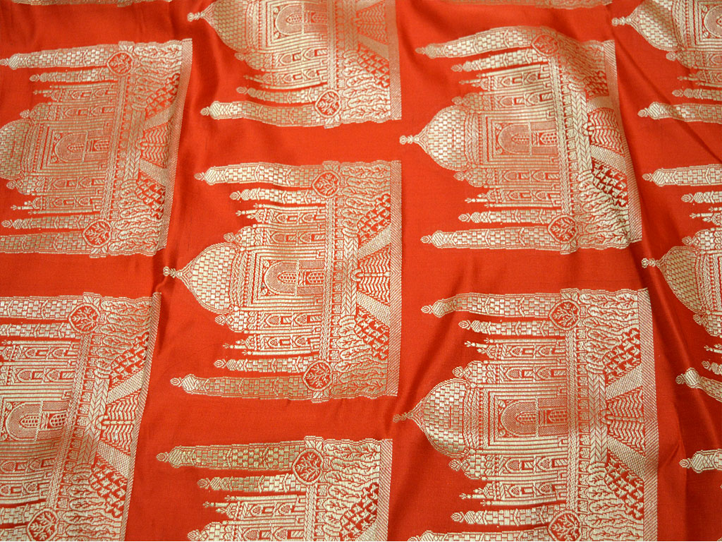 Golden Woven Taj Mahal Design Blended Silk Brocade Orange and Gold Fabric By The Yard Indian Banarasi Jacket Sewing Material Bridal Clutches Fabric Wedding Dress Lehenga Making Clothing Accessories