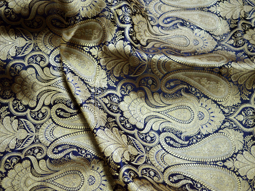 Crafting  Costume  Wedding Dress Fabric Brocade Fabric by the Yard Banarasi Brocade Fabric Navy Blue Gold Brocade Indian Fabric