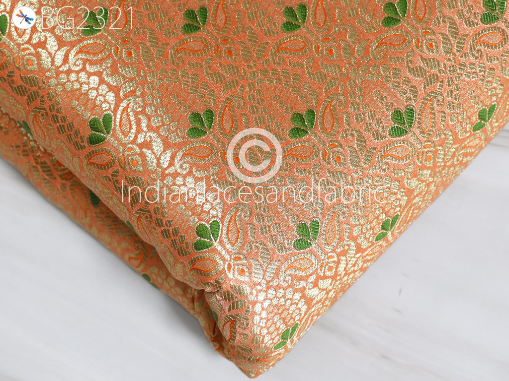 Indian Bridal Lehenga Material Banarasi Brocade by the Yard Peach Gold Fabric Blended Silk Evening Bags Wedding Dress Sewing Kids Crafting Home Décor Table Runner Fabric
