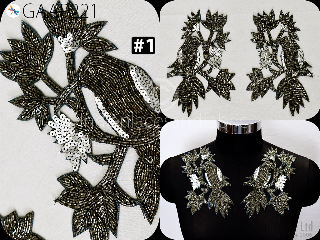 1 Pair Beaded Appliques Patch Motif for Haute Couture Dresses Prom Gown Indian Handcrafted Sewing Accessories DIY Crafting Embellishments.