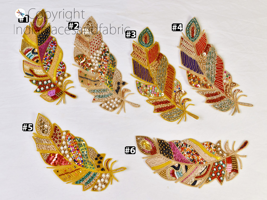 2 Piece Gold Handmade Feather Patches Embroidered Indian Sewing Dresses Handcrafted Beaded Patches Appliques Sewing DIY Crafting Supplies