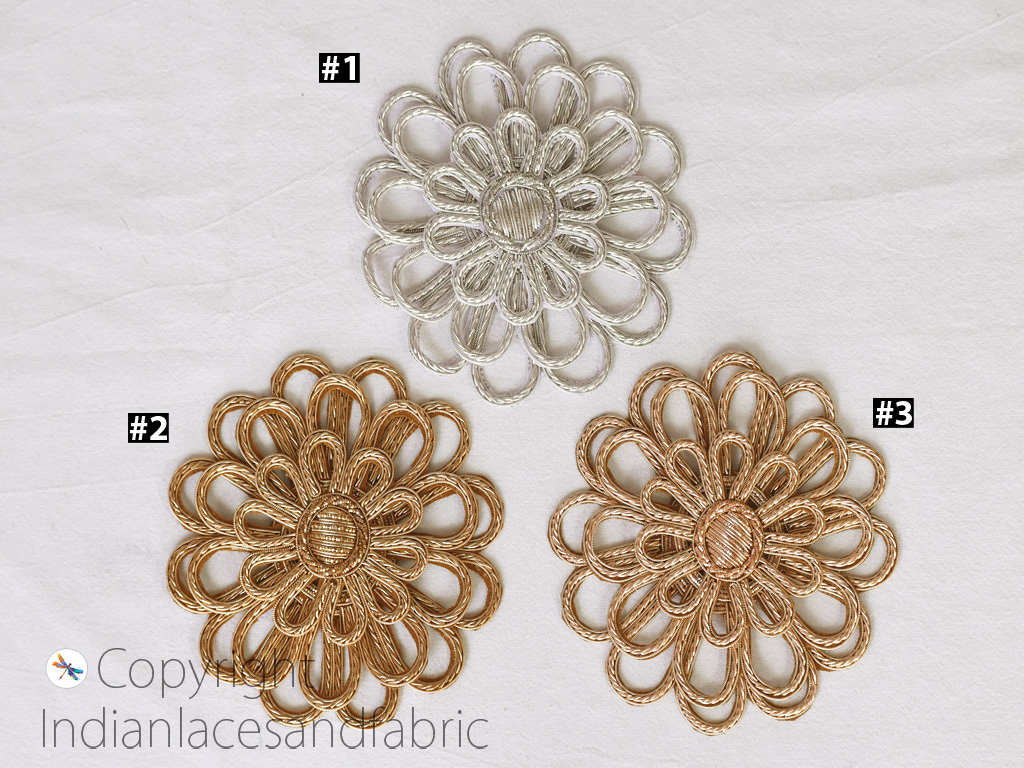 1 Gold 3D Zardozi Flower Decorative Handmade Patches Lotus Embroidered Indian Sewing Thread Dresses Handcrafted Patches Appliques Crafting Supply Bags