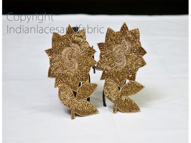 2 pair bronze gold floral sewing dresses handcrafted patches applique decorative wedding gown patches embroidered home décor handmade crafting Christmas diy decor beaded patch