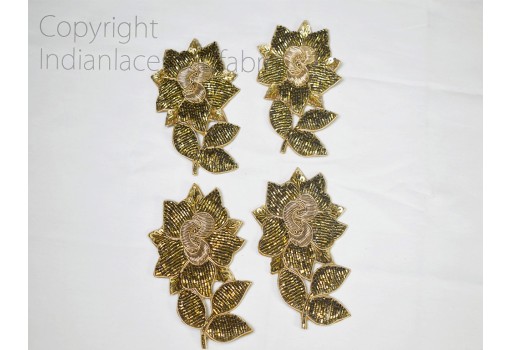 1 Pairs Indian Antique Gold Floral Sewing Handcrafted Patches Appliques Decorative Embroidered Handmade Christmas DIY Craft Beaded Patch
