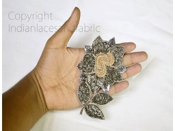 1 Pairs Indian Grey Gold Floral Sewing Handcrafted Patches Appliques Decorative Embroidered Handmade Crafting Christmas Decor Beaded Patch