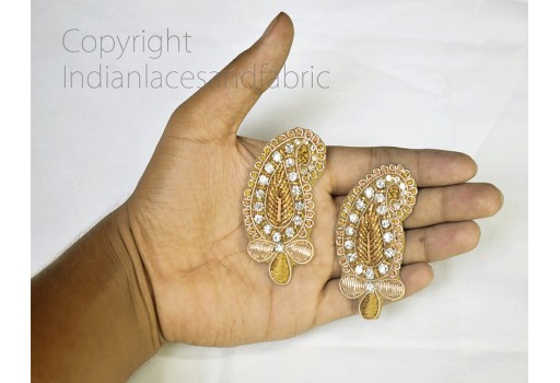 4 Piece Gold Paisley Christmas Appliques Decorative Sewing Indian Dresses Appliques Handmade Patches Crafting Supply Décor Beaded Patches