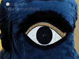 Handcrafted embroidered bags making beaded eyes with eyelashes sew jeans denim jackets shirts patches backpack patch diy appliqués crafting home décor decorated kurti applique