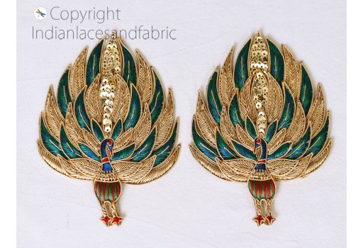 1 Pair Decorative Gold Peacock Zardozi Christmas supplies Cushion Cover Patches Appliques Dresses Embroidered Indian Handmade Sewing DIY Crafting Sewing Clothing Garment Dresses Accessory
