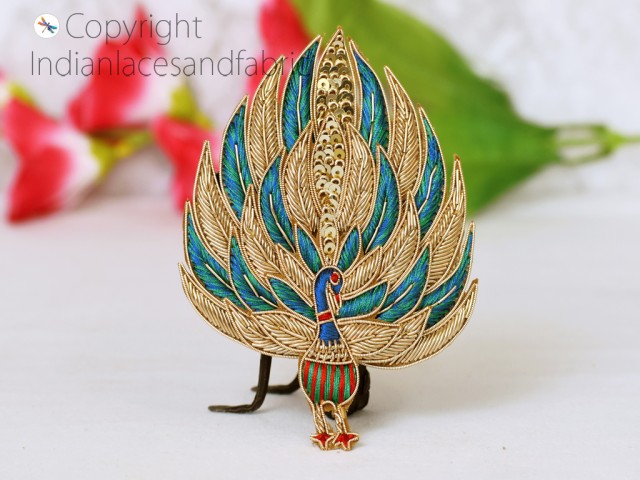 1 Pair Decorative Gold Peacock Zardozi Christmas supplies Cushion Cover Patches Appliques Dresses Embroidered Indian Handmade Sewing DIY Crafting Sewing Clothing Garment Dresses Accessory