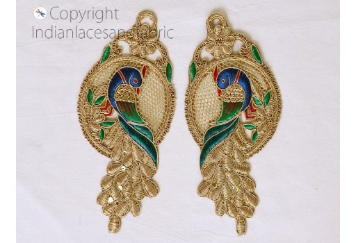 1 Pair Peacock Gold Zardozi Patches Appliques Dresses Decorative Embroidered Indian Handmade Sewing DIY Crafting Sewing Clothing Accessory