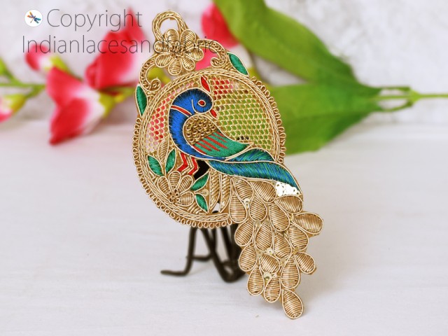 1 Pair Peacock Gold Zardozi Patches Appliques Dresses Decorative Embroidered Indian Handmade Sewing DIY Crafting Sewing Clothing Accessory
