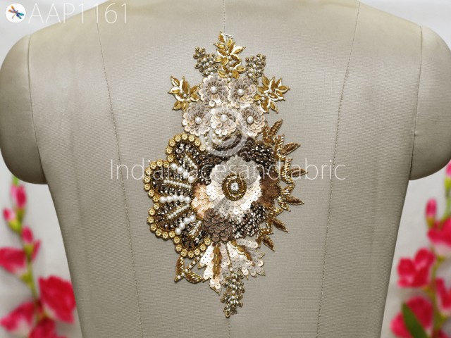 1 Piece Gold Floral Patches Appliques Wedding Dresses Costumes Beaded Patch Sequined Sewing Crafting Applique Handcrafted Scrap booking