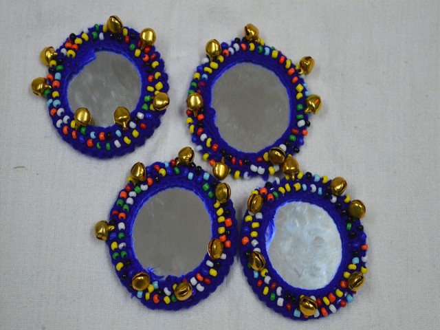 2 HandCrafted Applique Blue Applique Patches Beads Bells and Mirror Appliques Rhinestone Indian Beaded Appliques, Headband Appliques