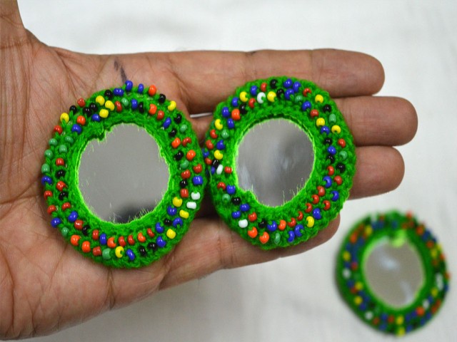 2 Handcrafted Green Applique Patches Beads Bells and Mirror Appliques Rhinestone Applique