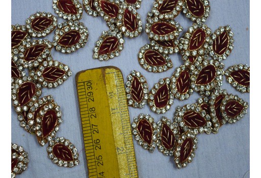 20 Tiny Leaf shaped Maroon Zardozi Work Rhinestone Wedding Gown Golden Indian Beaded Bridal Headband Stylish Embroidery Appliques