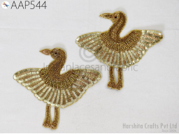 2 Pieces Handmade Beaded Patches Indian Dresses Golden Christmas Decorative Sewing DIY Crafting Home Decor  Cushions Crane Bird Appliques