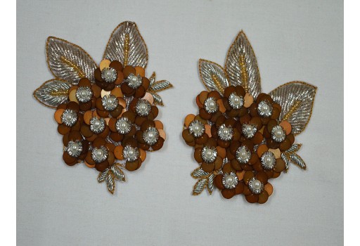 1 pair brown  crafting handmade  extremely beautiful patch rhinestones tiny appliques dresses cushion cover hats embroidered indian sewing handcrafted beaded patches embellishing a wedding skirt applique