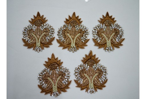 Indian Beaded Embroidery Sew on Patch Decorative Floral Denim Hand Crafted Appliques Crafting Sewing Supplies Accessories 4 Pieces Ivory Applique