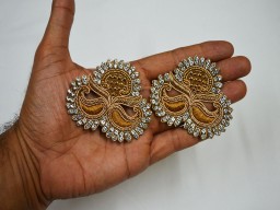 2 Pair Indian Handcrafted Rhinestone Applique Beaded Bridal Headband DIY Crafting Home Decor Cushions Decorative Golden Sewing Patches