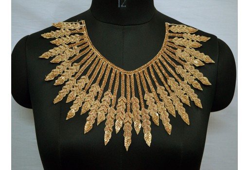 Crafting Zardosi Gold Neck Patches with Sleeves Neckline Patch Handcrafted Indian Decorated Embroidered Decorative Applique For Dress Making