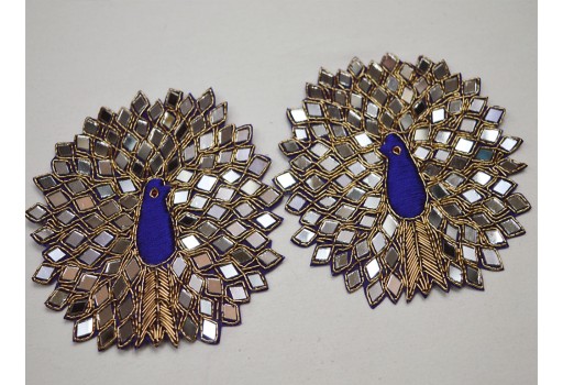 1 Pair Peacock Patches Appliques Bridal Dress Embellishments Sewing Mirror Handmade Appliques Embroidered Blue Sewing Designer DIY Crafting