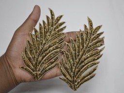 2 Antique Gold Beaded Leaf Indian Sewing Thread Dresses Handcrafted Patches Appliques Crafting Supply Bags Hats Decorative Handmade Patches