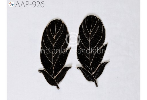2 Piece Black Patches Appliques Handcrafted Zardozi Feather for Cushion Covers Hats Indian Sewing Dresses Crafting Handmade Beaded Patches