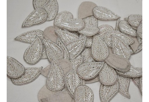 15 White Decorative Handmade Patches Leaf Embroidered Indian Sewing Thread Dresses Handcrafted Beaded Patches Appliques Crafting Supply