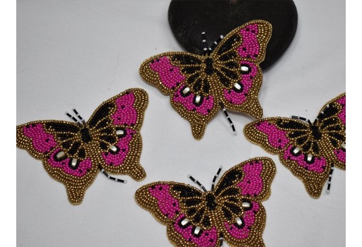 2 Pc Magenta Decorative Handcrafted Butterfly Patch Beaded Craft Embroidery Applique Sew on Patches denim jacket collar shoes sweater skirts