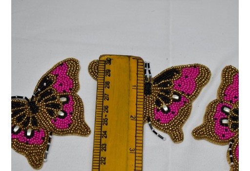2 Pc Magenta Decorative Handcrafted Butterfly Patch Beaded Craft Embroidery Applique Sew on Patches denim jacket collar shoes sweater skirts