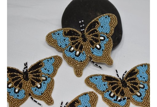 2 Pc Blue Butterfly Beaded Patches Applique Handmade Embroidered Indian Sewing Applique Dresses DIY Crafting Handcrafted Cushions Home Decor
