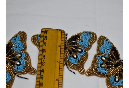 2 Pc Blue Butterfly Beaded Patches Applique Handmade Embroidered Indian Sewing Applique Dresses DIY Crafting Handcrafted Cushions Home Decor