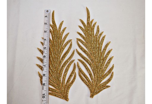 2 Gold Beaded Decorative Handmade Patches Leaf Embroidered Indian Sewing Dresses Handcrafted Patches Appliques Crafting Supply For Bags