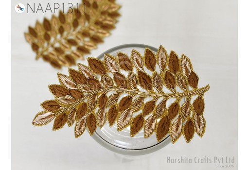 2 Pieces Patches Leaf Embroidered Gold Zardozi Decorative Handmade Indian Sewing Dresses Handcrafted Zari Appliques Crafting Supply Bags