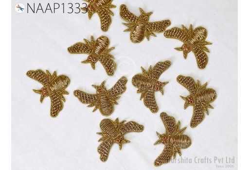 6 Indian Honey Bee Applique Gold Patch Bullion Sewing Clothing Accessories Dress DIY Crafting Handcrafted Appliques Scrapbooking Home Decor.