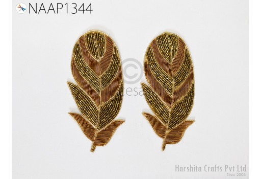 2 pc Antique Gold Patches Appliques Beaded Handmade Feather Hats Zardosi Indian Sewing Dress Handcrafted Beaded DIY Crafting Embellishments