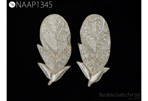 2 pc Silver Patches Appliques Beaded Handmade Feather Hats Zardosi Indian Sewing Dress Handcrafted Beaded DIY Crafting Embellishments