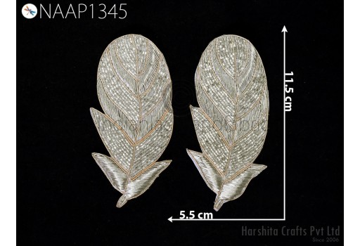 2 pc Silver Patches Appliques Beaded Handmade Feather Hats Zardosi Indian Sewing Dress Handcrafted Beaded DIY Crafting Embellishments