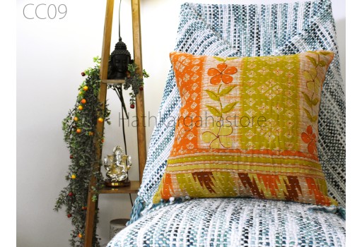 Vintage Kantha Cushion Covers 16"x16" Floral Handcrafted Block Printed Sofa Cushion Covers Indian Decorative Home Decor pillow cover Gift