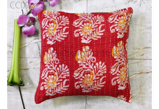 Vintage Kantha Cushion Covers 16"x16" Floral Handcrafted Block Printed Sofa Cushion Covers Indian Decorative Home Decor pillow cover Gift