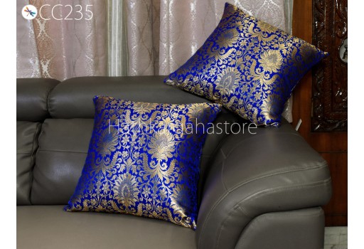 Blue Silk Pillow Cover Brocade Pillowcase Handmade Lumbar Sham Decorative Cushion Home Decor House Warming Bridal Shower Wedding Gift
