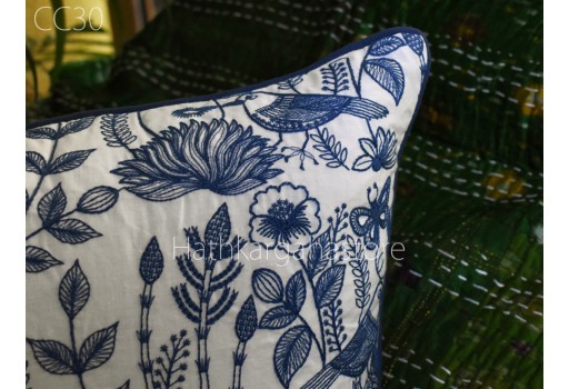 Cushion Cover Pillowcase Blue Cotton Embroidered Decorative Home Decor Handmade Embroidery Throw Pillow House Warming Bridal Shower Gift