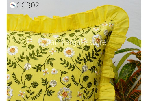 Yellow Decorative Embroidered Frill Throw Pillow Cushion Cover Handmade Embroidery Home Decor Pillowcase House Warming Bridal Shower Wedding